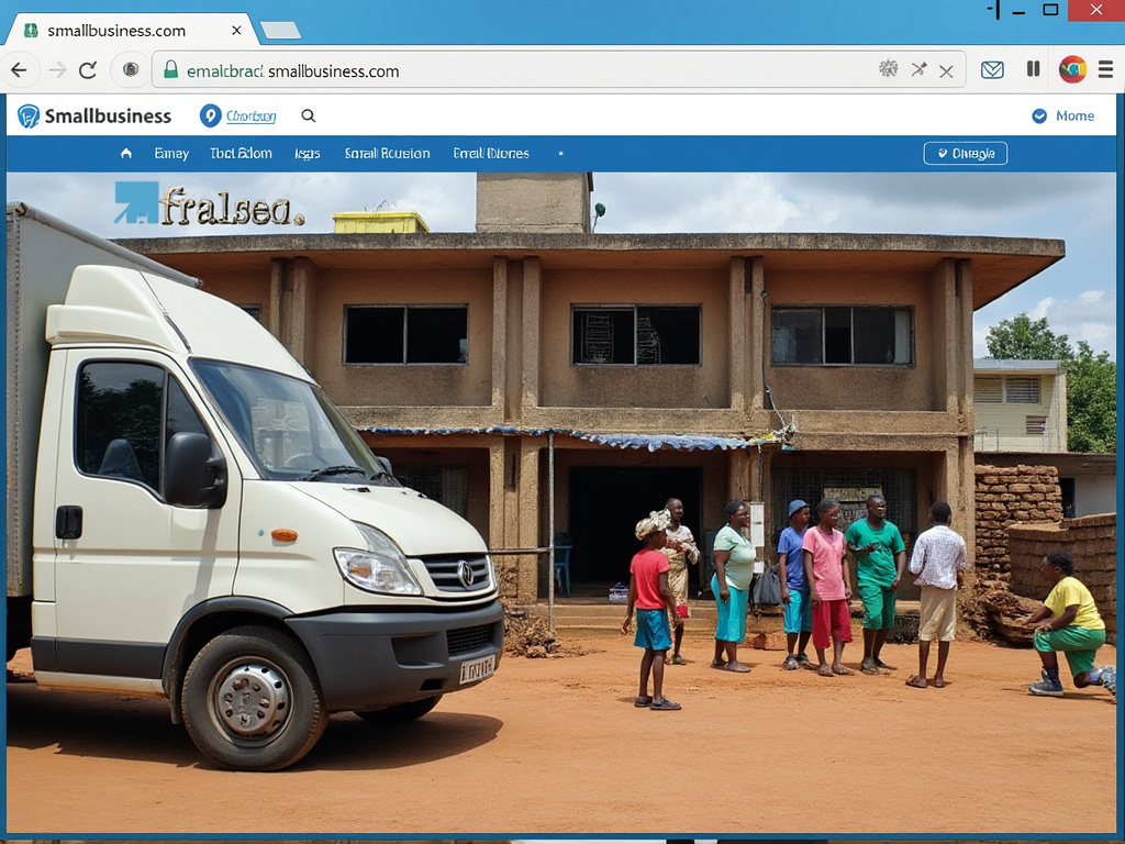 A small business premises with a few people in the front of the buildings and a truck approaching