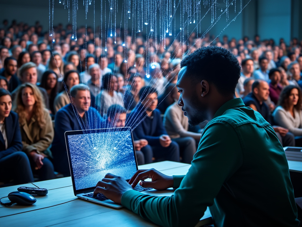 An African man in front of a crowd of people using his laptop to reach even more people for his small business