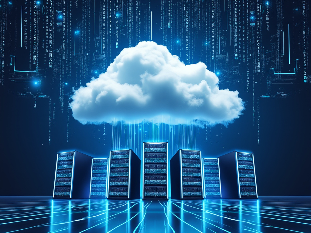 A cloud hosting depiction, with clouds and programing codes on the background and hosting servers on the ground