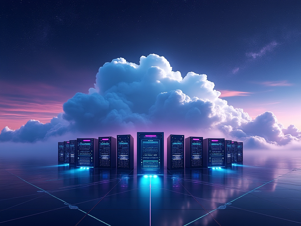 A huge cloud and hosting servers on the ground