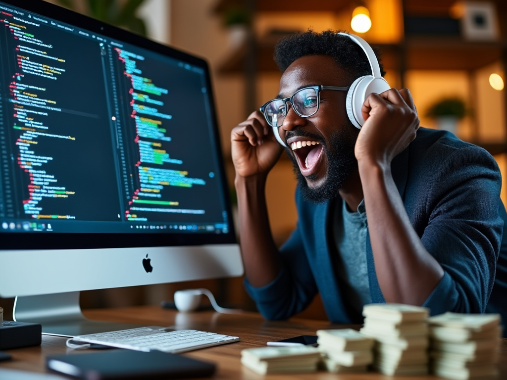 A happy web developer writing code, with stacks of money by his side.