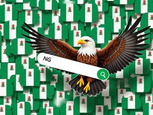 An eagle of the Nigerian coat of arm carrying a search bar that represent NG domains