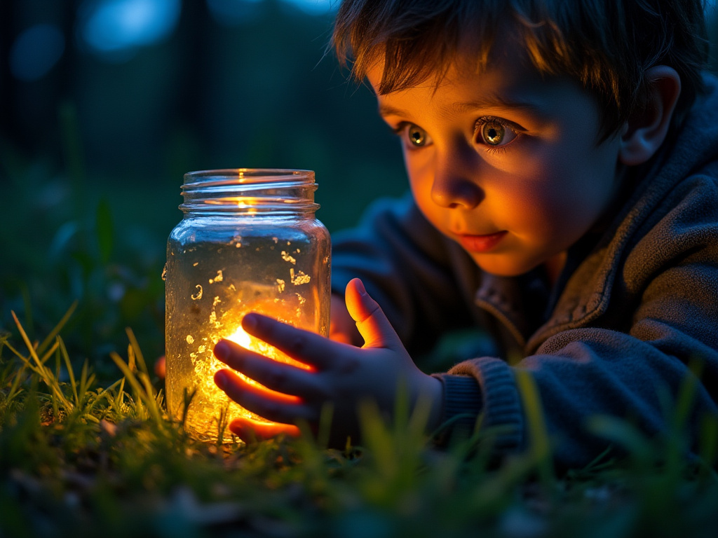 A curious child holding a small jar that have light inside of it