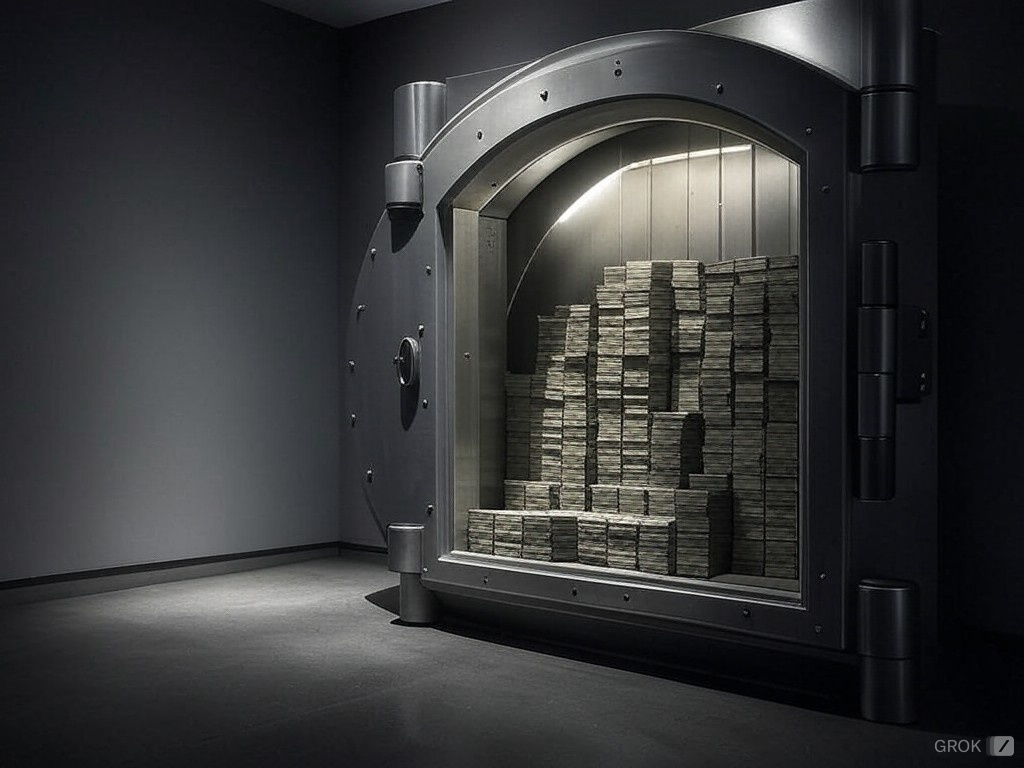 A sophisticated vault with a transparent glass, showcasing stacks of money earned online