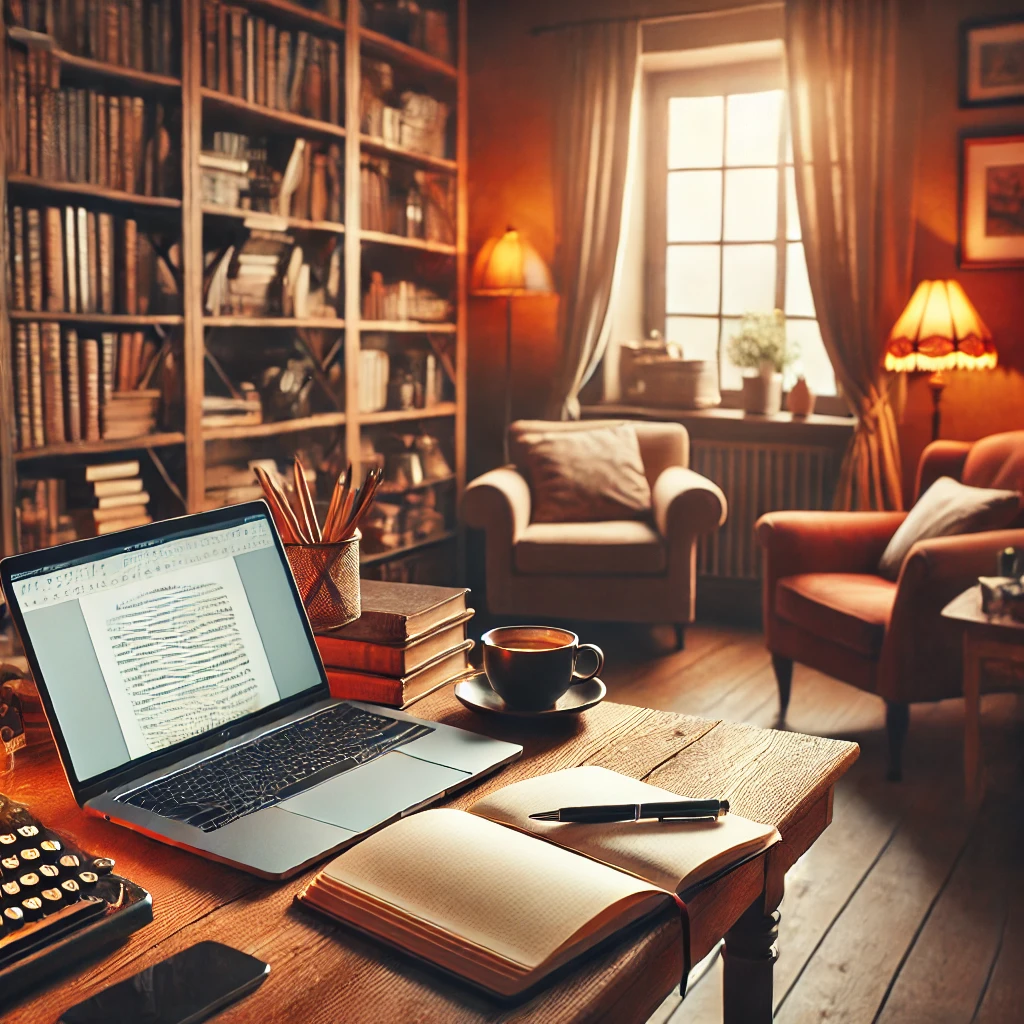 A cozy writer's room with a wooden desk, an open laptop, and a pen resting on a notebook. The room has warm lighting, bookshelves filled with books