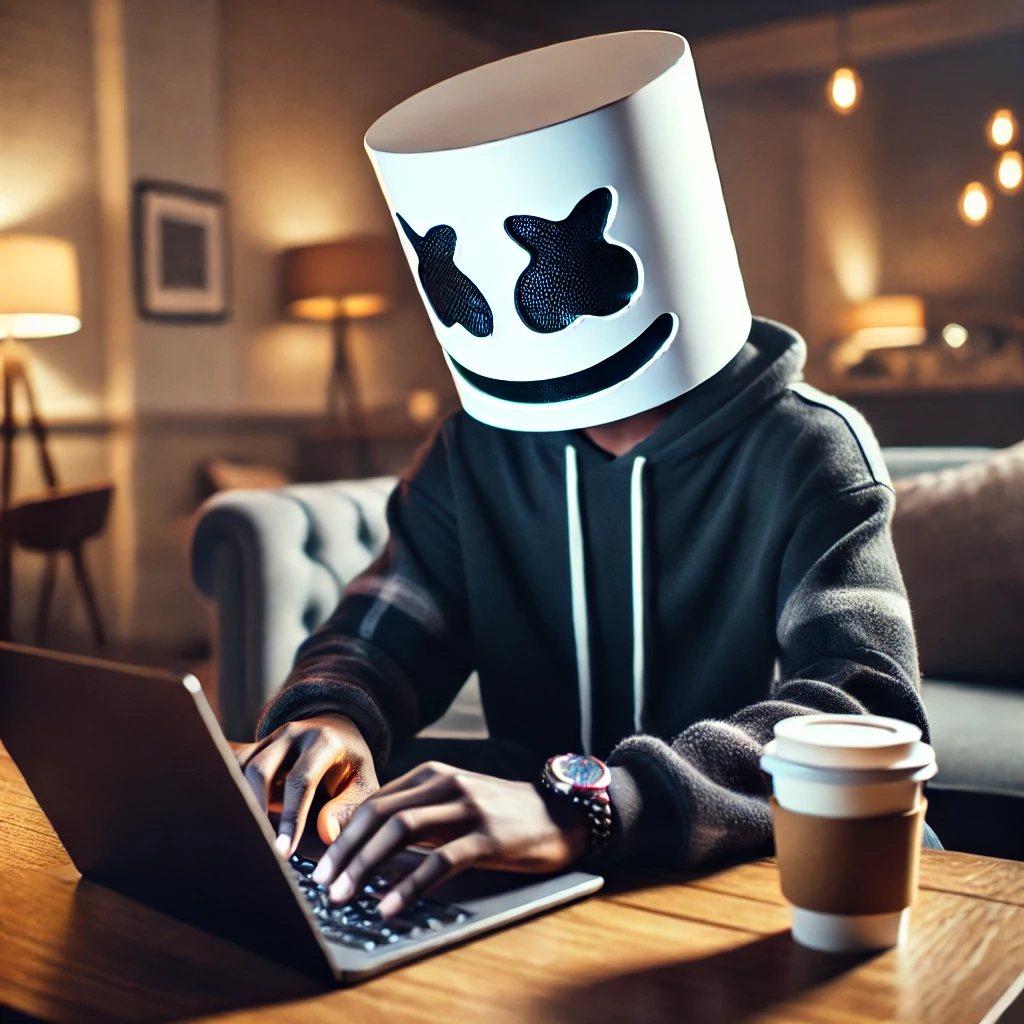 A young African man wearing the signature Marshmello mask, sitting in front of a laptop, typing. The setting is a cozy, modern workspace with soft lig