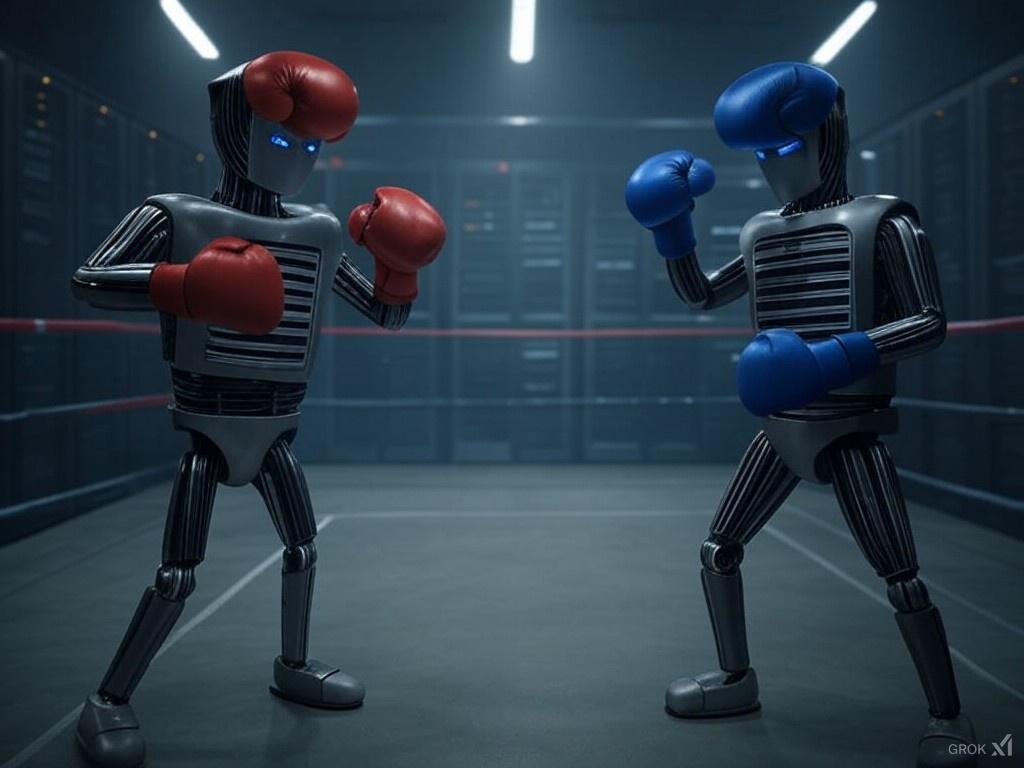 Two robot like servers in a boxing ring, prepared to box. HarmonWeb vs Sonhosting