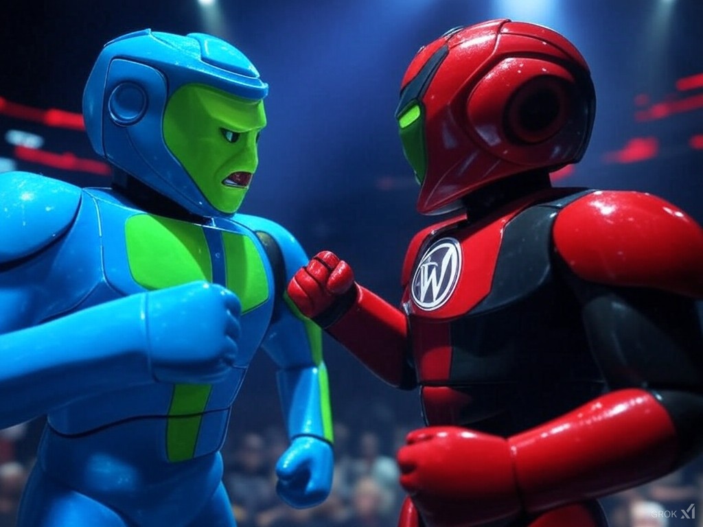 Two identical robots wearing superhero clothing and standing in a boxing posture. Representing WordPress vs Joomla