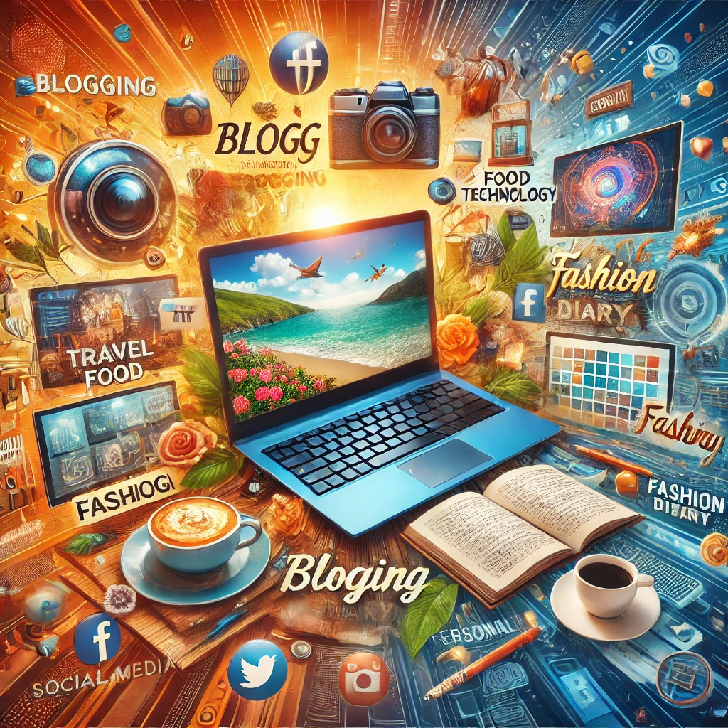 A vibrant and dynamic collage representing different types of blogging. The image includes a laptop at the center with multiple floating screens