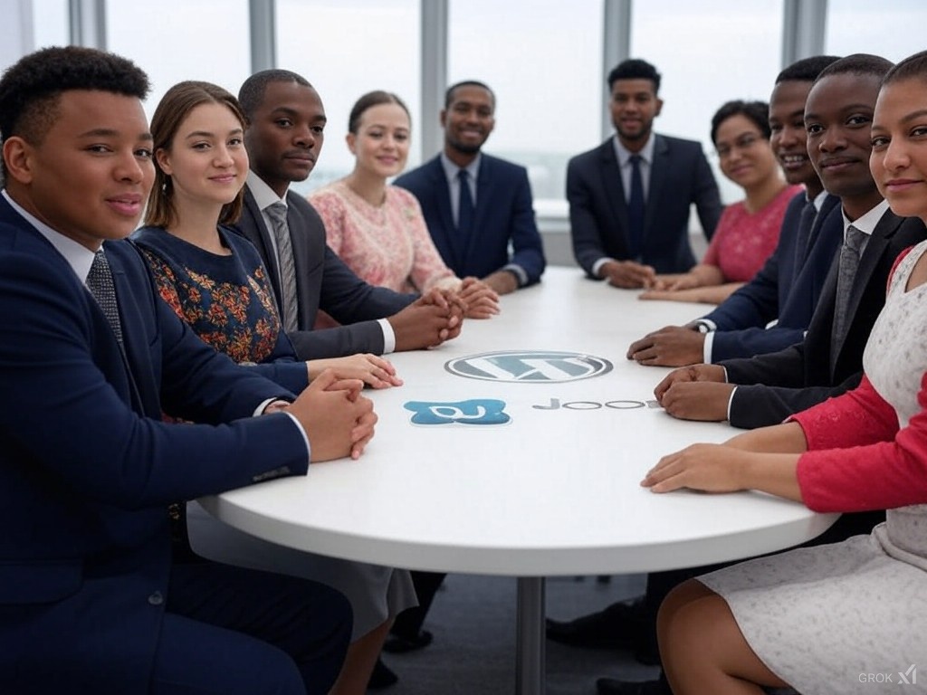 A group of executives seated on a round table deciding between WordPress and Joomla CMS for their security focused website