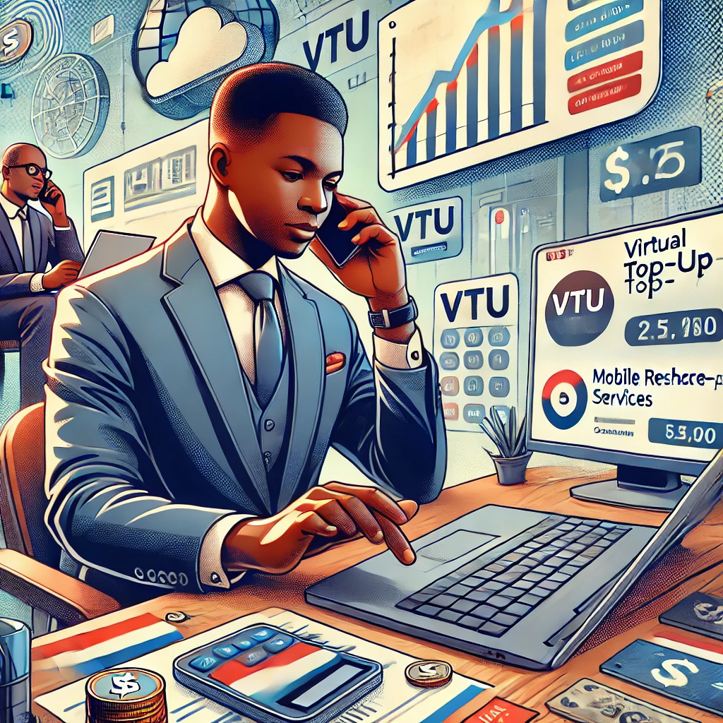 A professional digital illustration of a VTU (Virtual Top-Up) operator in Nigeria. The operator, a young entrepreneur, is seated at a desk using a lap. A type of business you can start with 300k in Nigeria