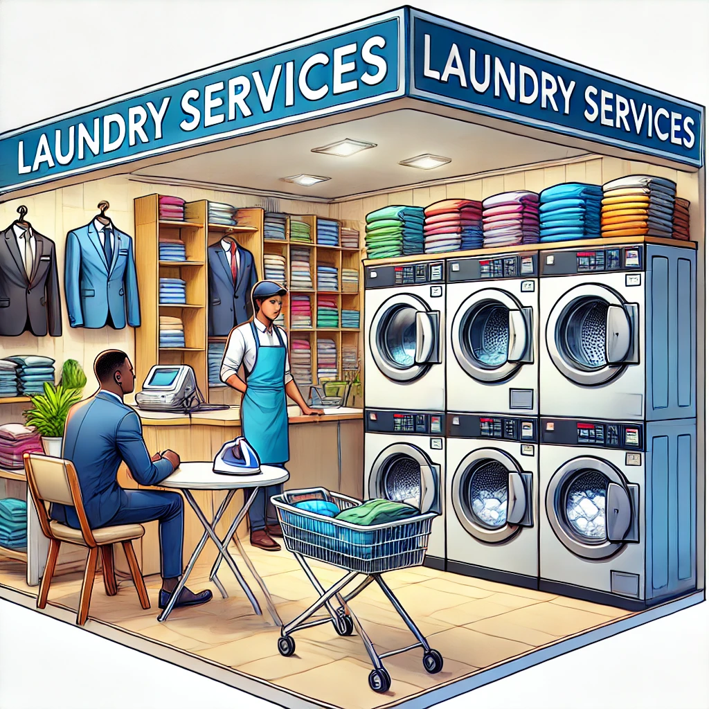 A professional digital illustration of a small laundry shop in Nigeria. The shop is well-organized with washing machines, an ironing station, and neat. A type of business you can start with 300k in Nigeria