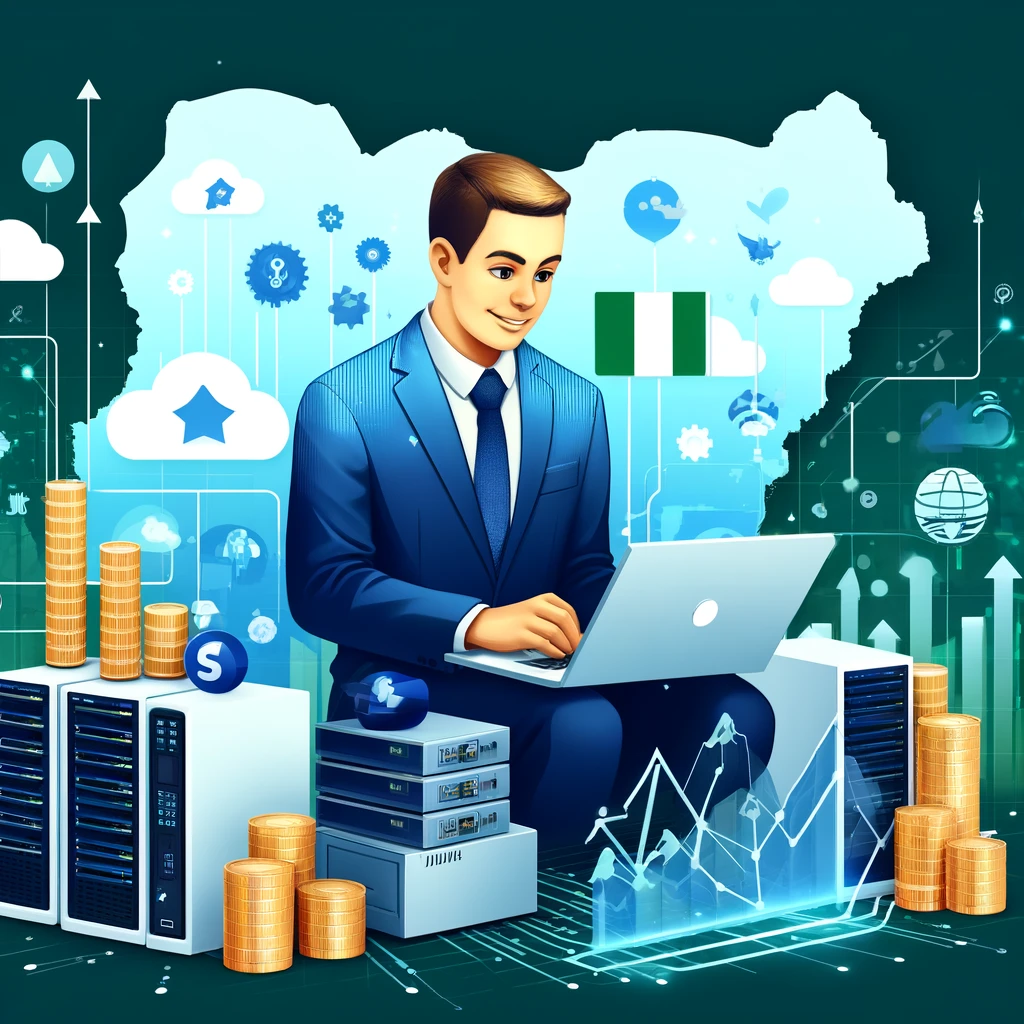 A modern and visually appealing digital illustration of a reseller hosting business in Nigeria. The image features a young entrepreneur working on a