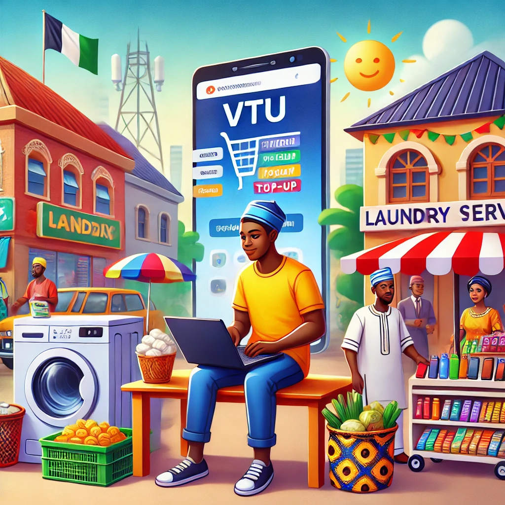 A vibrant and professional digital illustration of a Nigerian entrepreneur setting up a small business. The scene includes a young business owner