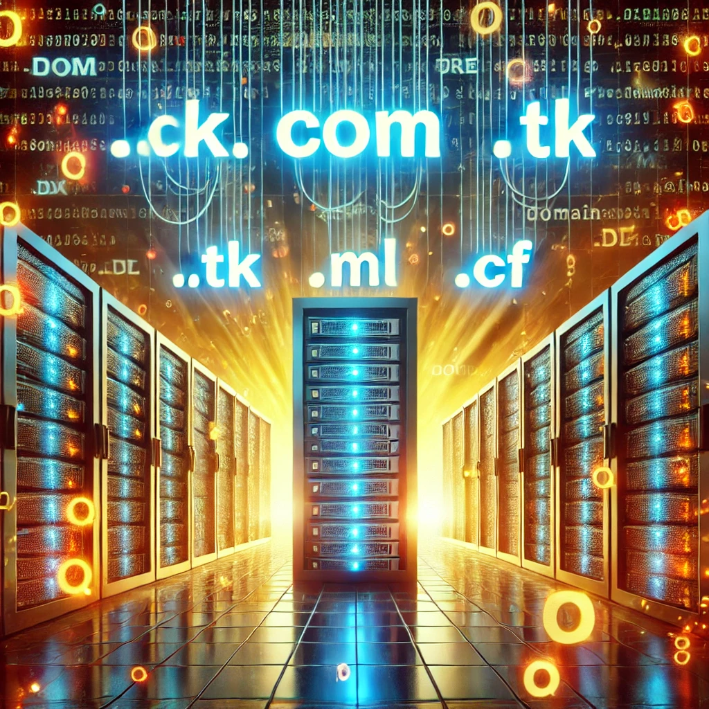 An eye-catching digital illustration of a server room with glowing domain name extensions like .com, .tk, .ml, .cf floating in the air. The theme