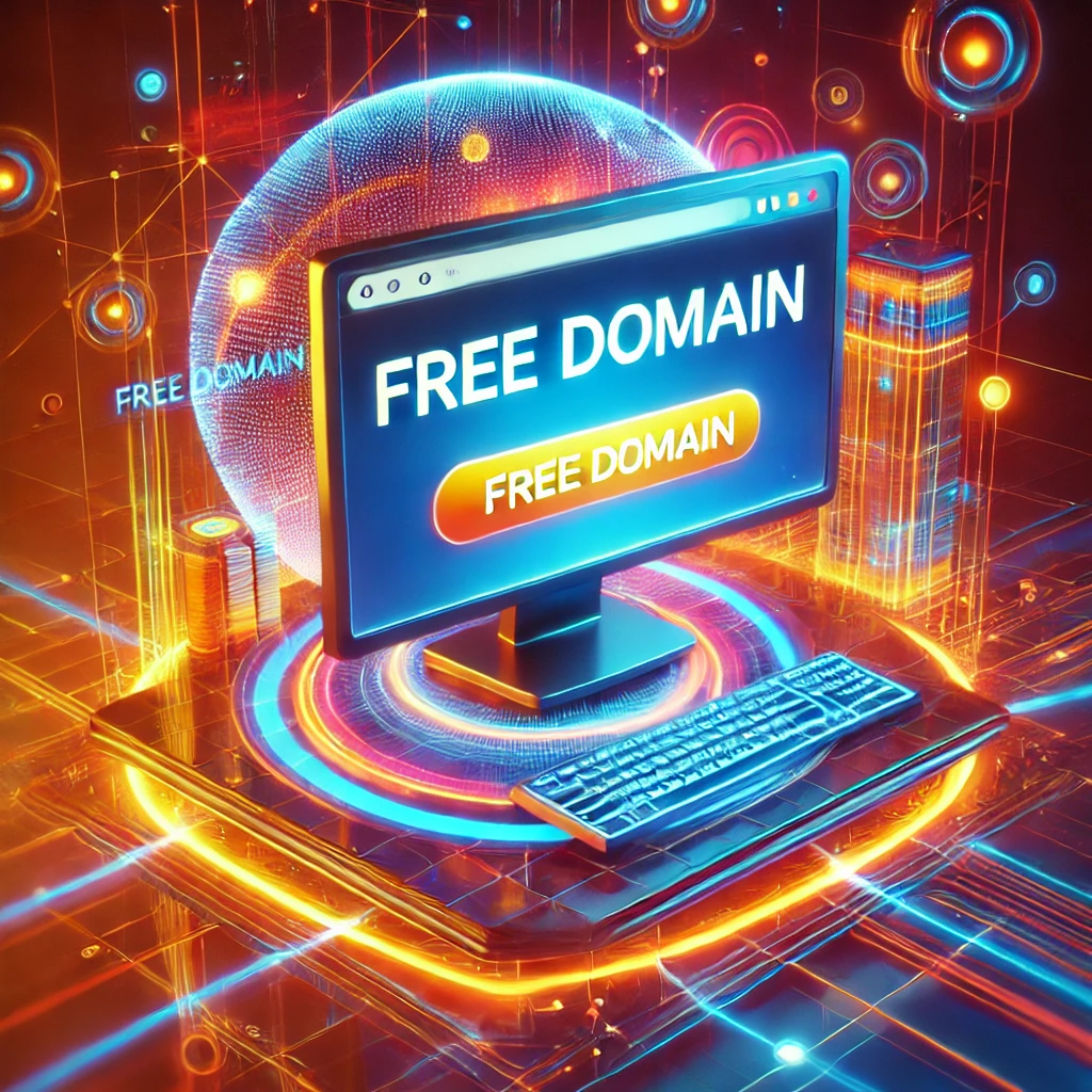 A modern and vibrant digital illustration showing a glowing computer screen displaying a website with a 'Free Domain' banner. The background features